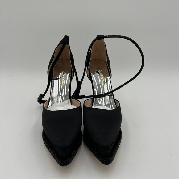 XYD Black Pointed Toe Platforms Crystal Ankle Wrap Strappy Block Heel Satin Shoe - Picture 3 of 7